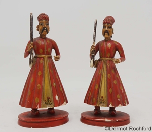Two Antique Indian Polychromed and Gilded Bishop Chess Pieces