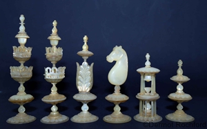 Important early 19th century German mother-of-peal<br>and abalone selenus chess set