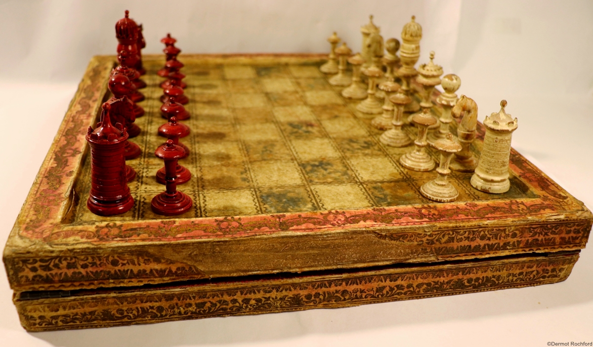 Antique 18th French chessboard with early chess set