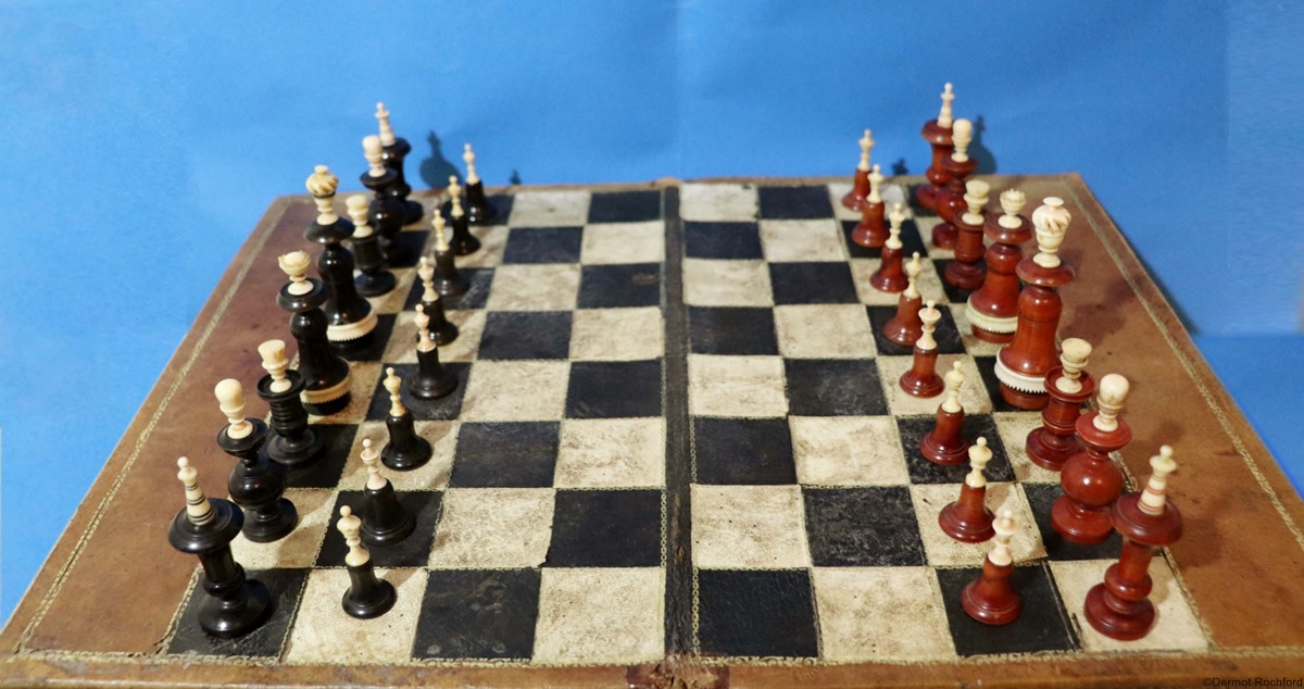 Antique 18th French chessboard with early chess set