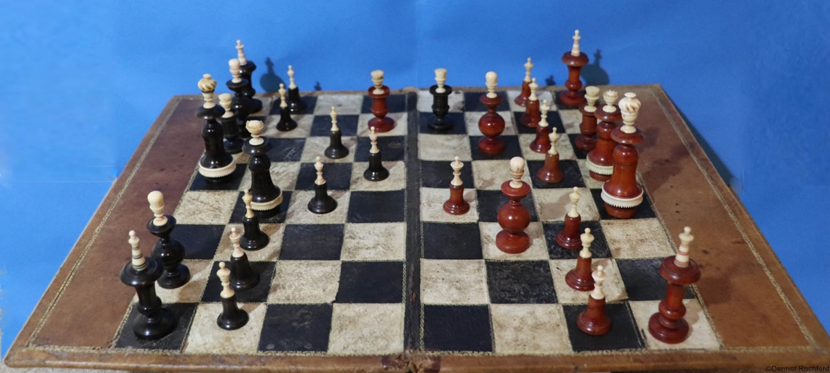 Antique 18th French chessboard with early chess set