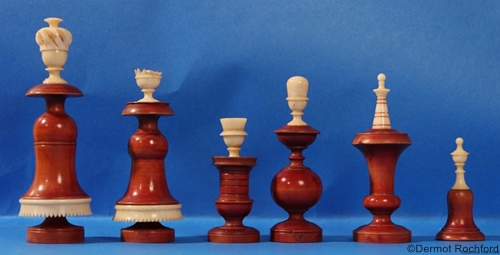 Unusual early antique inverted French Lyon chess set